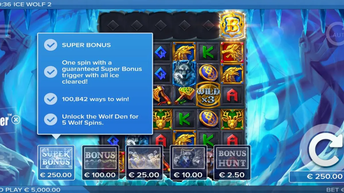 Visual imersivo e gélido da grade de jogo do slot Ice Wolf 2 com símbolos de lobos e elementos vikings.